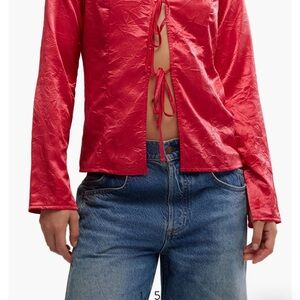 Free People Star Eyes Crinkle Satin Top - XS Retro Red